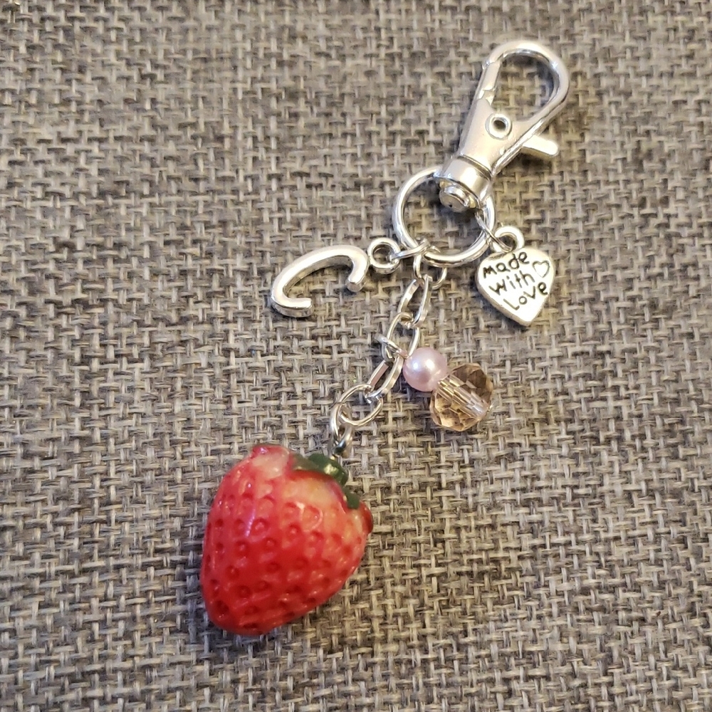 Charming Silver Red Strawberry Bag Charm Keychain Letter C